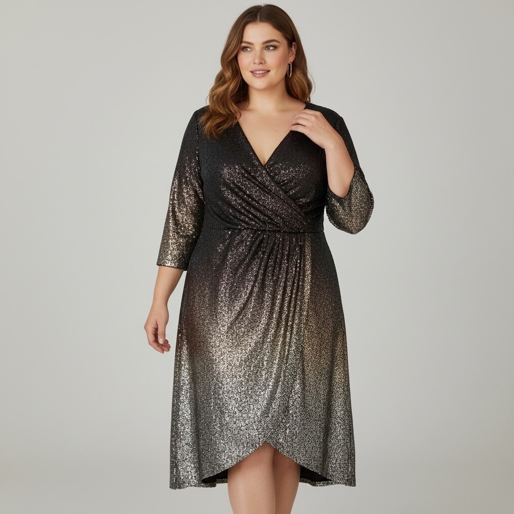 Lane Bryant Faux Wrap Dress Womens 20 Black Silver Ombre Shimmer Metallic Party